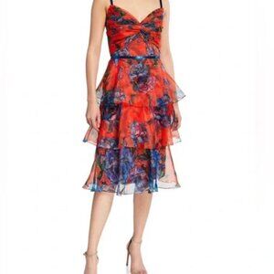 MARCHESA NOTTE Floral-Print Sleeveless Tiered Organza Dress Sz 2